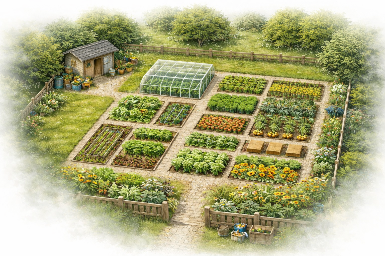 Wizualny podgląd ogrodu z grządkami i szklarnią